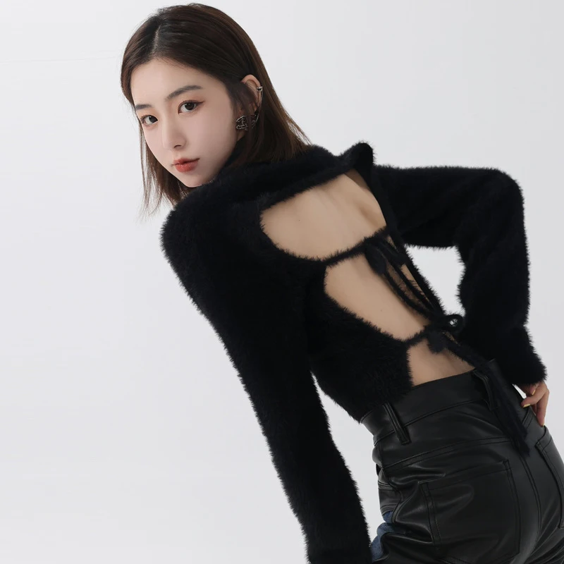 

Open back sweater women fall/winter long-sleeved sexy strapless short blouse bottoming sweater