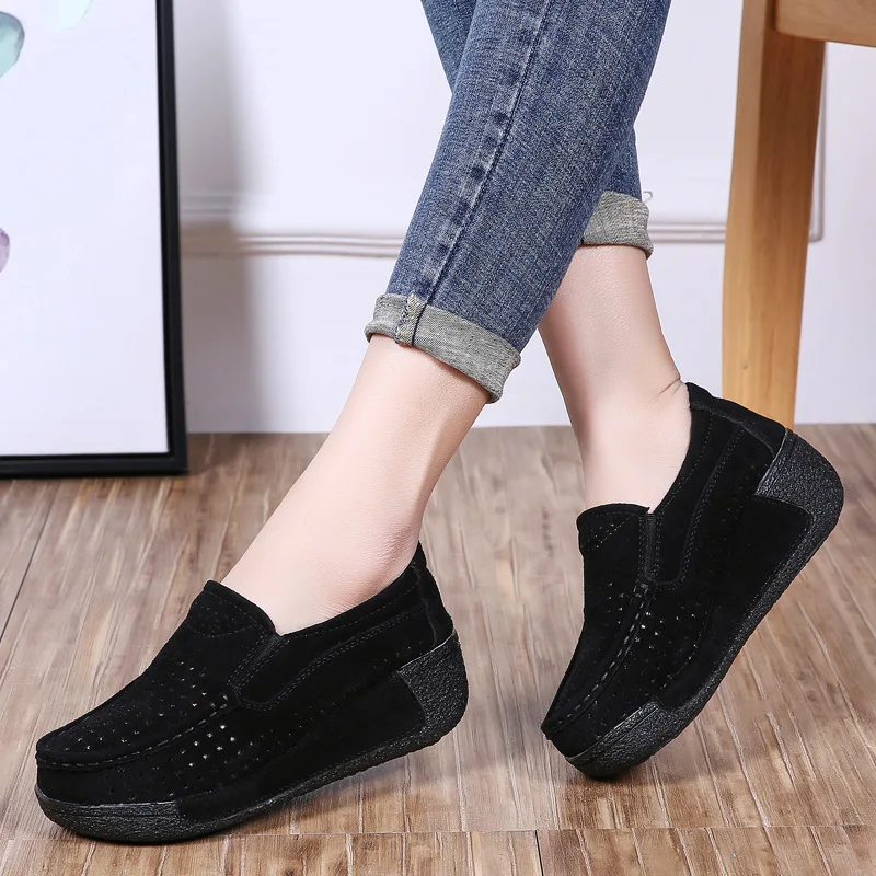 

Туфли-лодочки женские из натуральной кожи, на танкетке, Нескользящие, замша, мягкая подошва, обувь для мам, весна