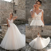 lace dresses v neck capped sleeves appliques bridal gowns custom made sweep train a line wedding dress robe de mariee