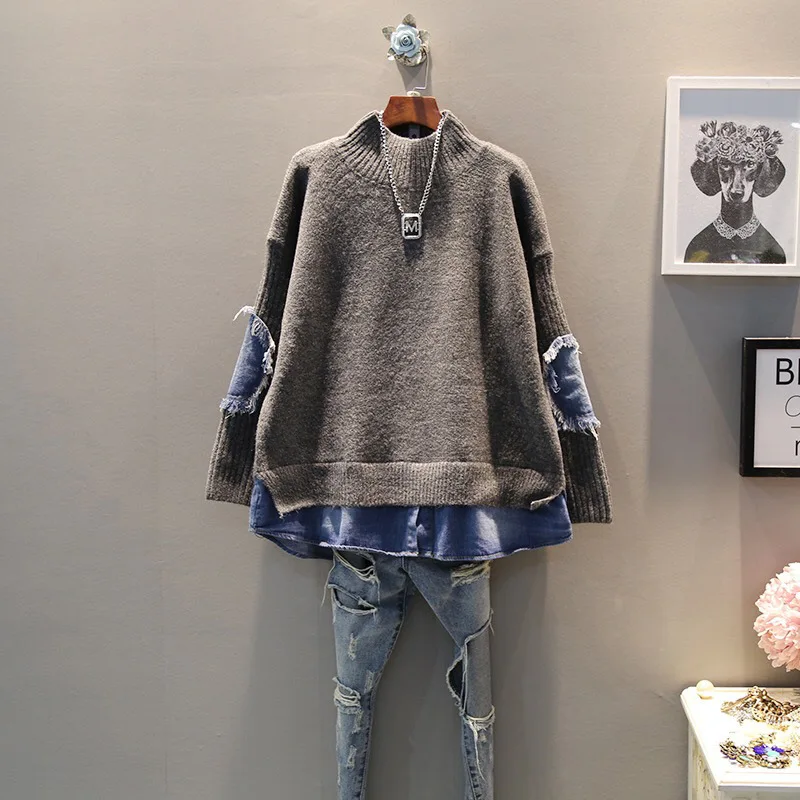 

Корейский модный пуловер с имитацией двух частей водолазка вязаный свитер в стиле пэчворк свободный и ленивый модный вязаный Топ для женщи...