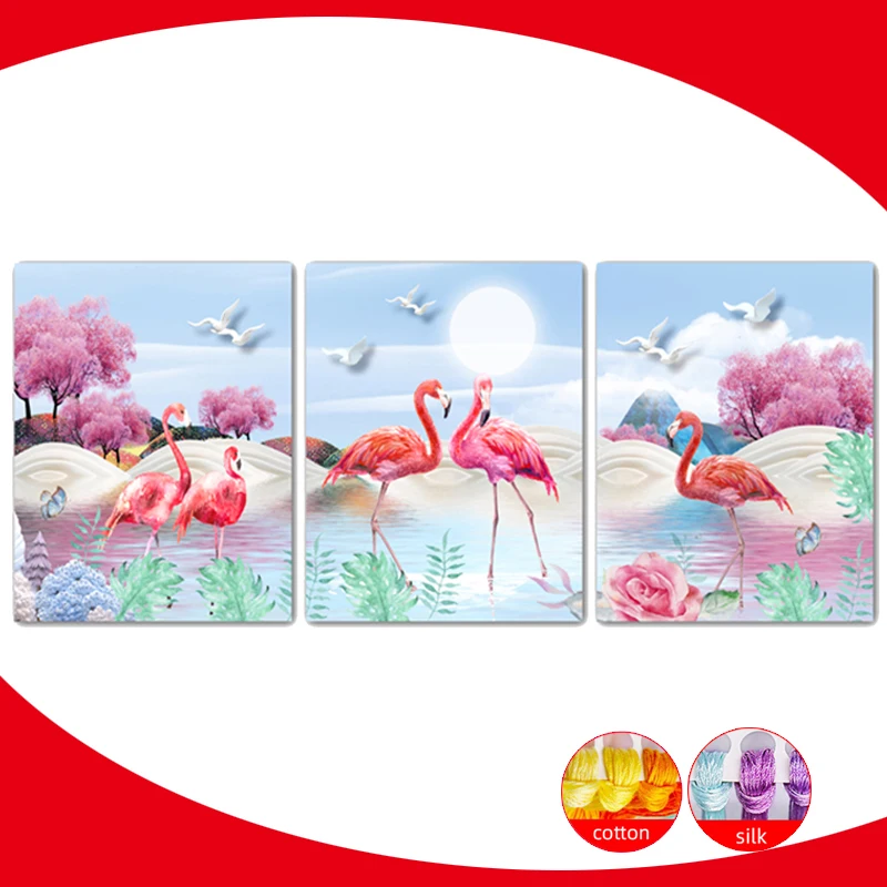 

Triptych Flamingo cross stitch kits Flame bird cross stitch kit Needlework 11CT DIY DMC Embroidery Cross-stitch Home Decor