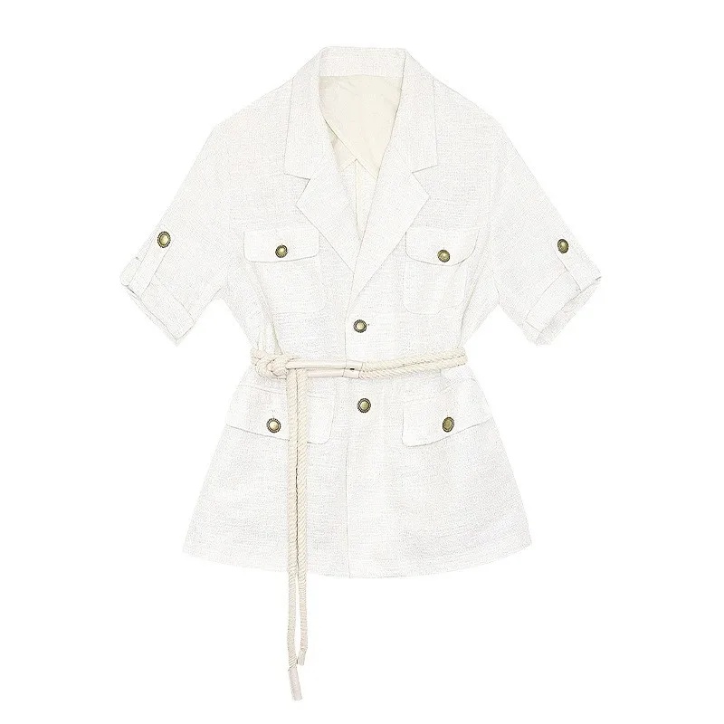 Женская тонкая твидовая куртка с поясом на шнуровке коротким рукавом офисный