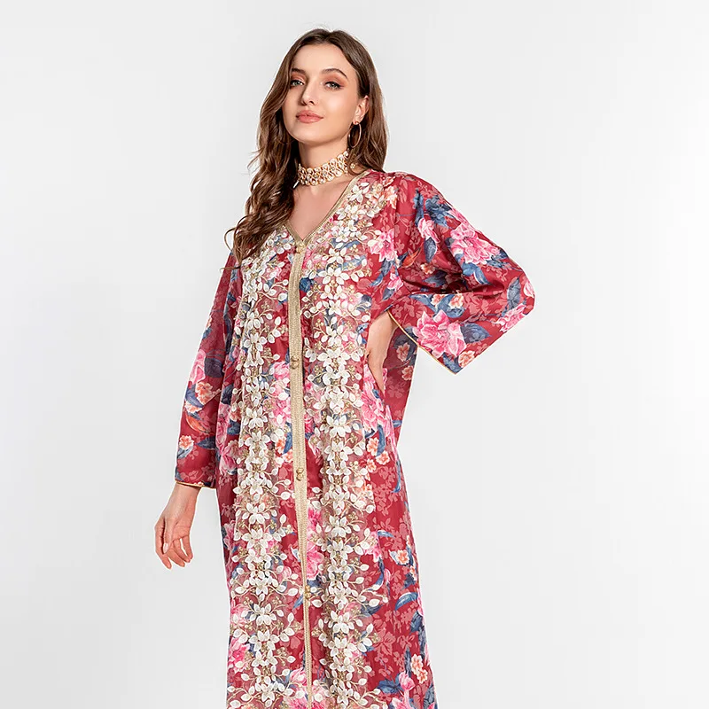 Ramadan India Muslim Dress Women Eid Floral Print Abaya Duabi Arabic Vestidos Moroccon Kaftan Islamic Clothing Gown Robe | Женская