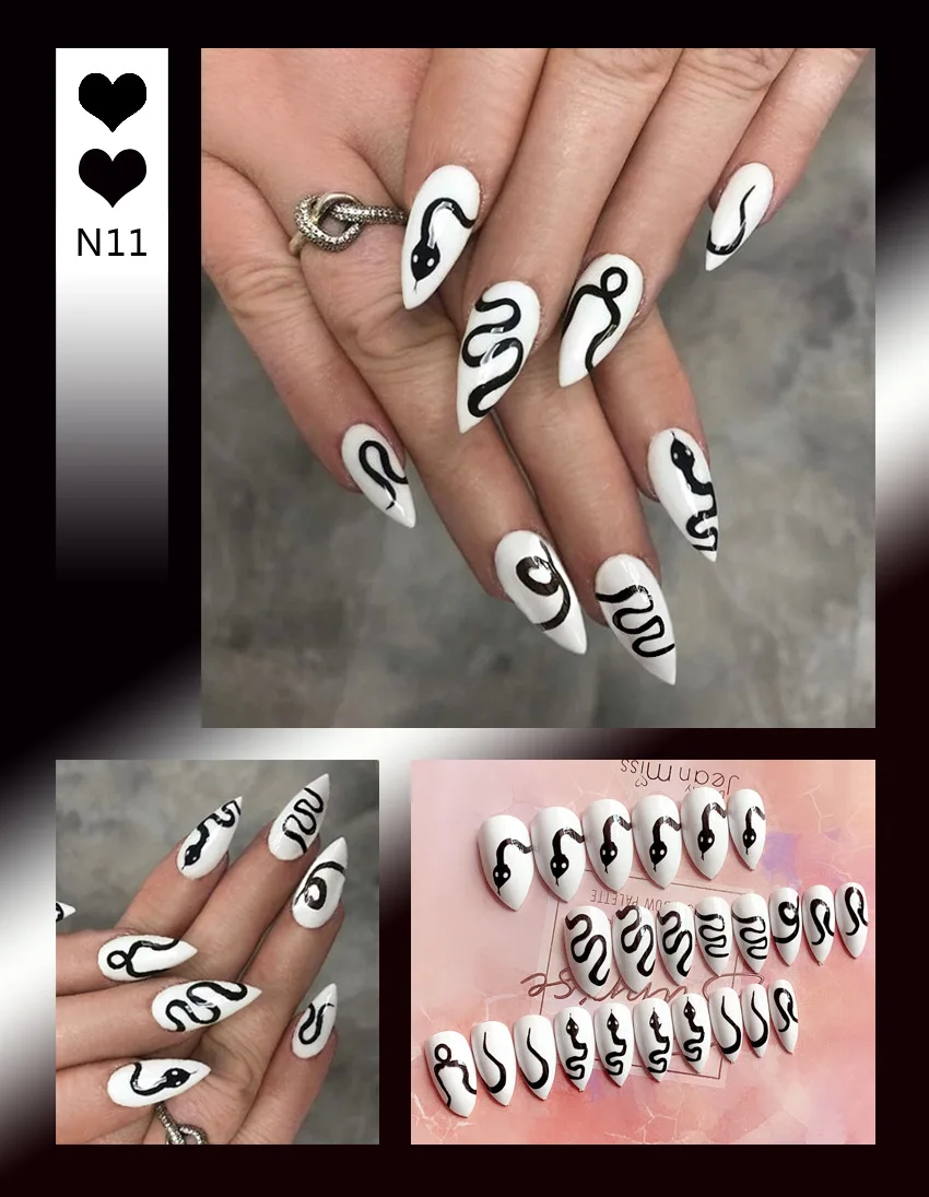 

Black Snake Flame Fake Nail Sheet Wearing Nail Sticker Finished Nail Sheet Sticker Glitter Coffin False Nails DN32