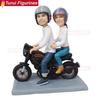 couple riding old motorcycle sculpture polymer clay dolls mini statue cake toppers