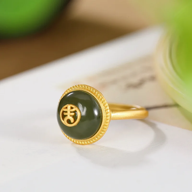 

Women Fine Jewelry Inlaid Ring With Hetian Jasper Ring Gemstones Female Simple Auspicious Opening Ring K0091