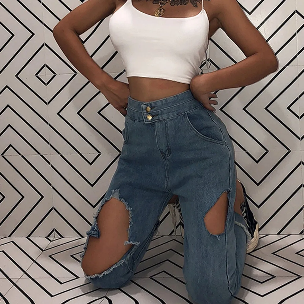 Рваные сексуальные Мешковатые Свободные прямые шаровары в Корейском стиле