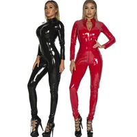 female sexy zipper open crotch leather jumpsuit stage performance catsuit erotic pvc latex crotchless bodysuits rompers