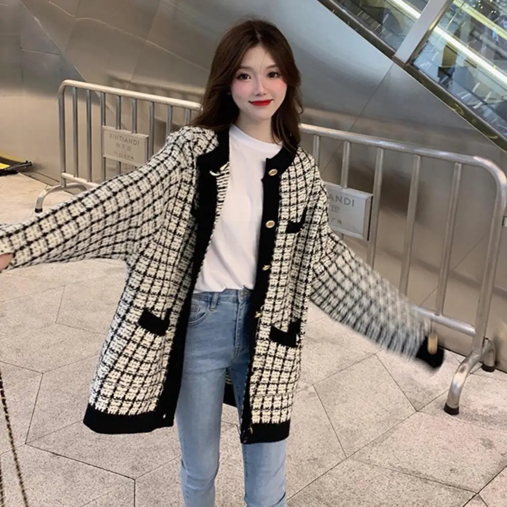 2019 женская верхняя одежда Модный женский свитер с вязаными карманами в клетку Kiwi