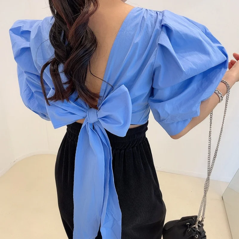 

ZAWAHIKI Bandage Blusas Mujer Solid Puff Sleeve Korean Sexy Backless Women Shirts Bow Fashion Vintage Summer Blouses Femme