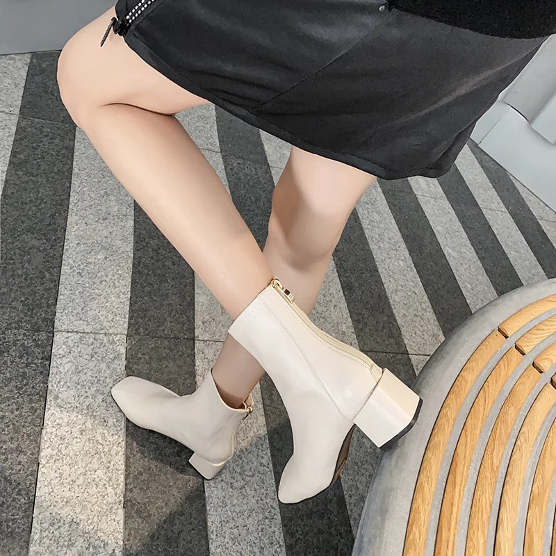 Ankle Leather Boots Sexy Women's Shoes 2023 Winter Brand Luxury Booties Square Toe Zapatos De Mujer Plus Plush High Heels Ladies