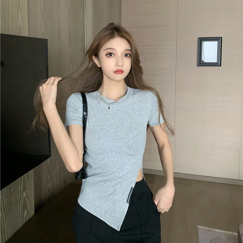 Женская футболка с круглым вырезом и коротким рукавом летний облегающий топ