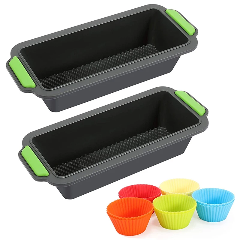

Set of 2 Slicone Bread Tins for Baking + 10Pcs Reusable Cupcake Molds, Non-Stick Rectangular Loaf Tin Bakeware Set,Bread