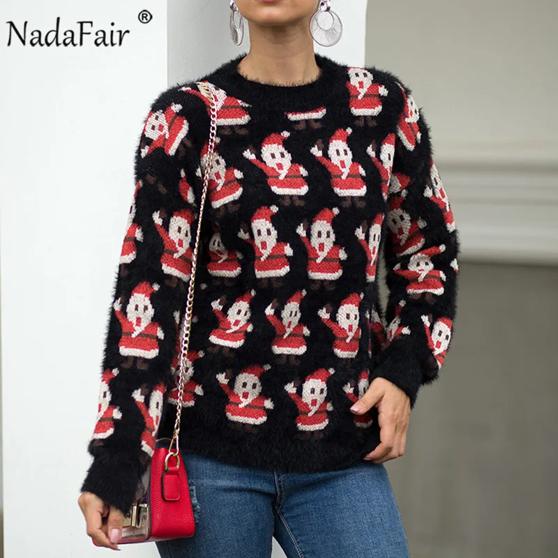 Nadafair, Рождественский свитер,, зимняя грива, Повседневный, негабаритный, мохер, вязаный свитер, пуловер, женский джемпер, трикотаж