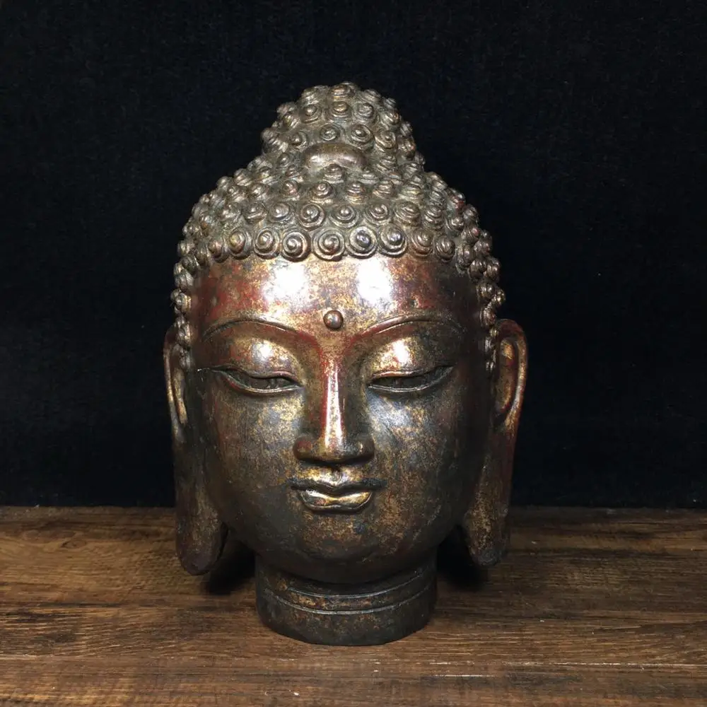 

Home Decor 8"Tibet Buddhism Temple Old Bronze Cinnabars Shakyamuni Buddha Head Buddha Statue Enshrine the Buddha