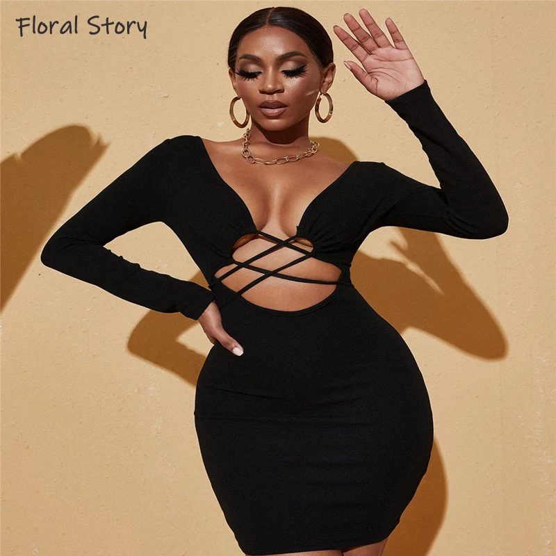 

FLORAL STORY Deep V-neck Black Hollow Out Mini dress Woman Fashion Bodycon Slim Tight Evening Party Clubwear Solid Elegant Dress