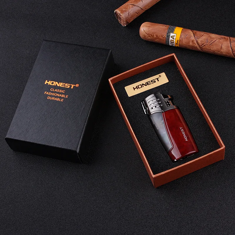 Новинка модная честная зажигалка с тремя прямыми синими огнями Бутановая