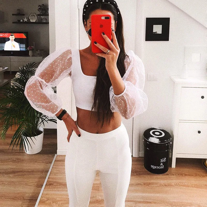 Сексуальный женский кружевной прозрачный топ в горошек с квадратным вырезом и