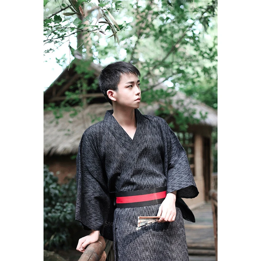 Традиционное японское дизайнерское мужское черное кимоно Оби свободный халат