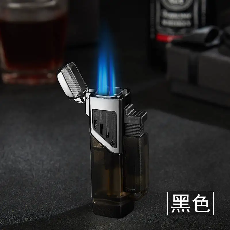 

Portable Torch Windproof Gas Cigar Butane Lighters Visible Gas Window Four Jet Flame Small Spray Gun 1300 C