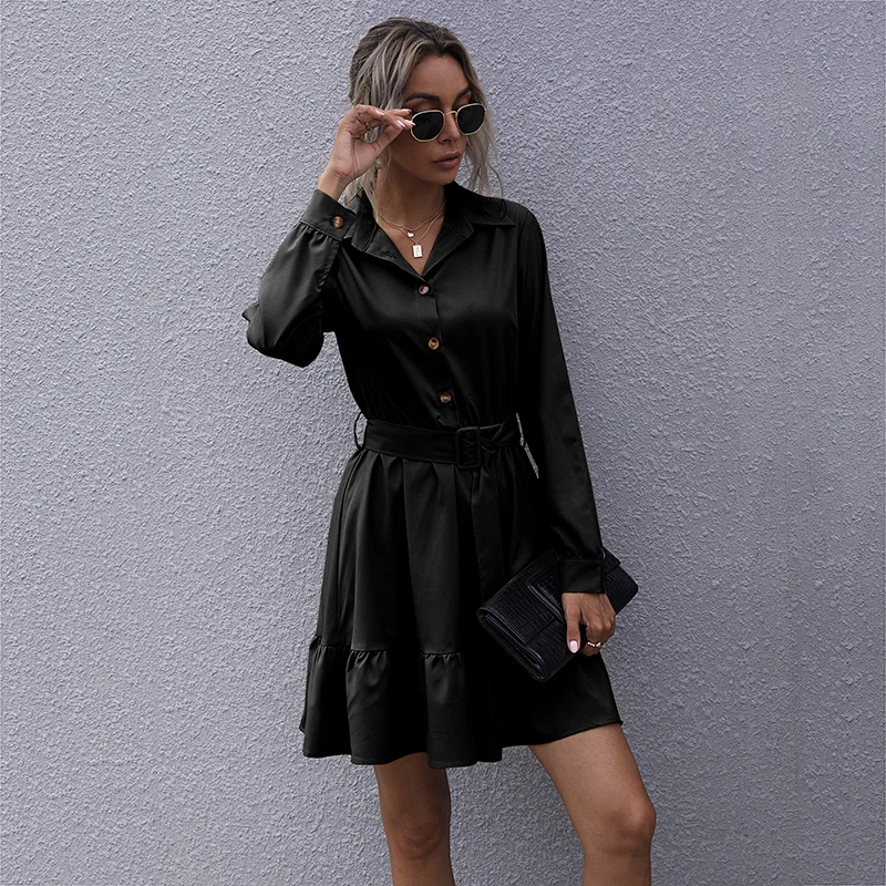 

Solid Color Long Sleeve Shirt Dress Spring Fashion Ruffled Turn-down Collar Plus Size Office Ladies Dresses Sexy Mini Dress