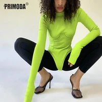 women bodysuit fashion long sleeve body streetwear sexy bodycon rompers sheath bust crotch green overalls 2021 top mujer pr3024g