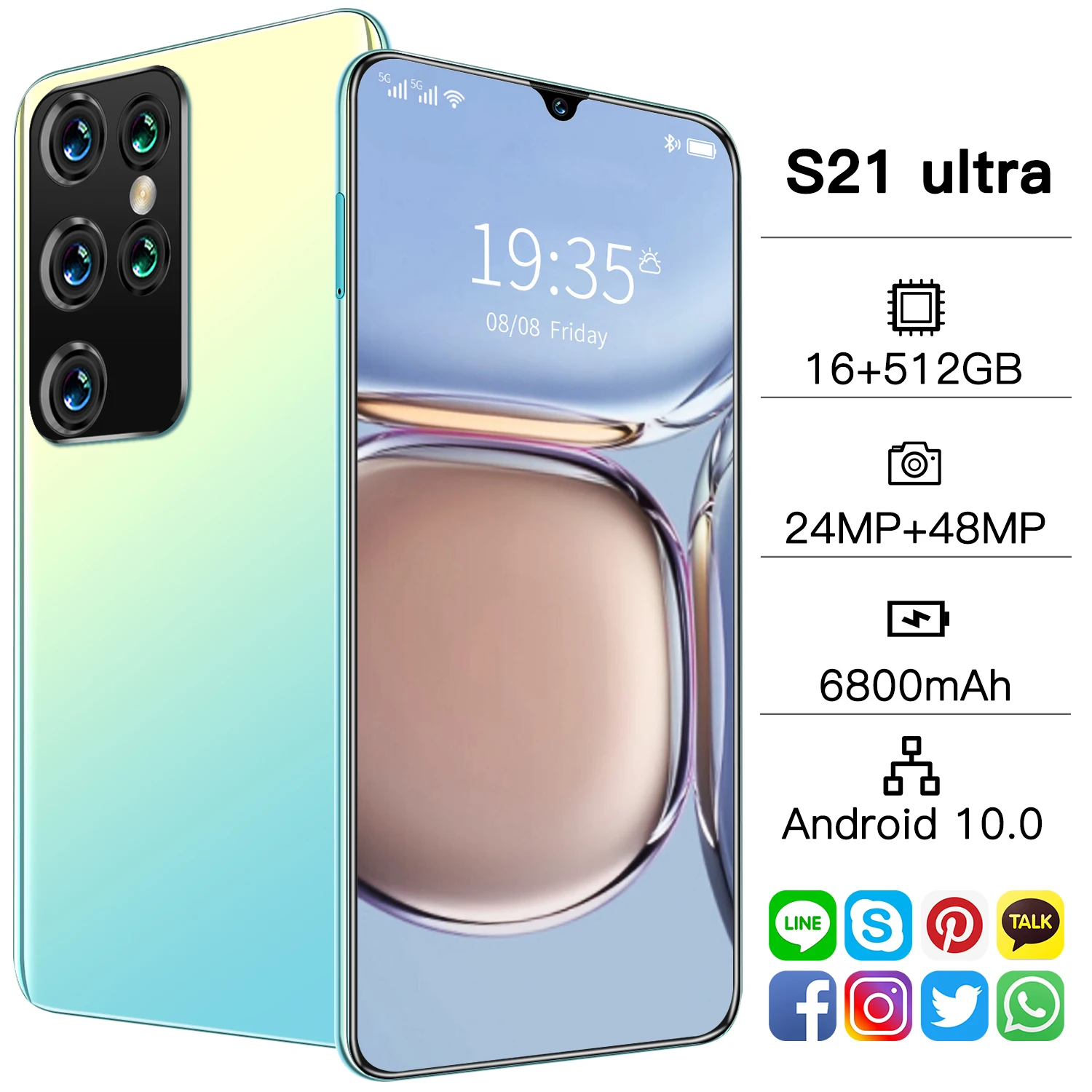 

Global Version Smartphone S21 Ultra Android Phone 16+512G 24+48MP Camera 7.1-inch Full Screen Unlocked Phone Featured Phone