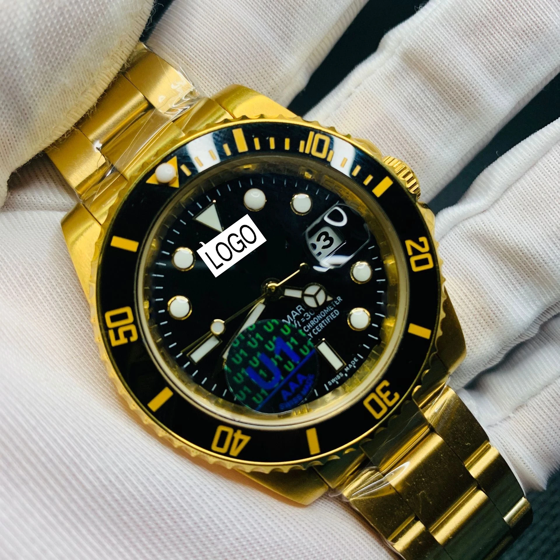 

Business quality ceramic bezel 18k gold sapphire glass watch men sliding smooth second-hand stainless steel automatic movement