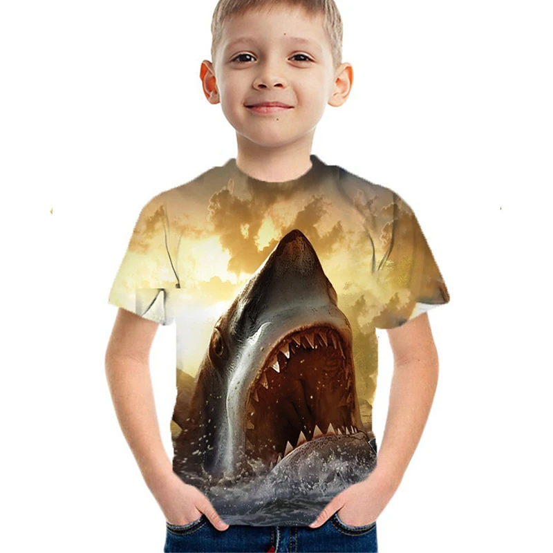

2021 Summer Animal 3D Shark Tee Baby Deer O-neck Clothes Kids lovely Dog Bear Clothes pet regular t shirt Children Clothing shir
