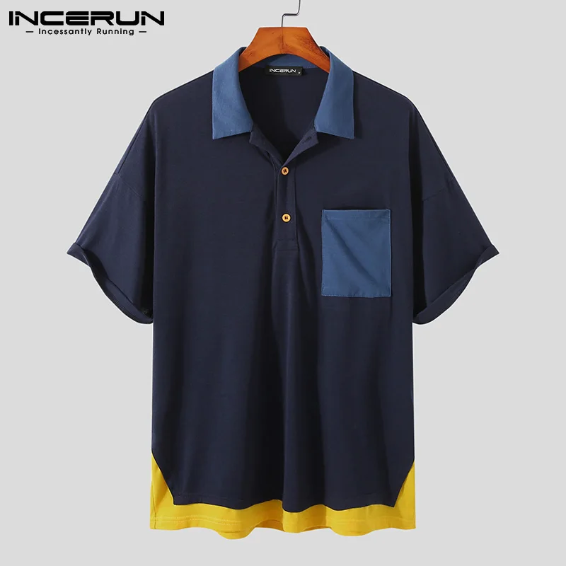 

2021 Fashion Men Shirt Brand Patchwork Streetwear Lapel Short Sleeve Pockets Casual Men Clothing Leisure Camisas S-5XL INCERUN