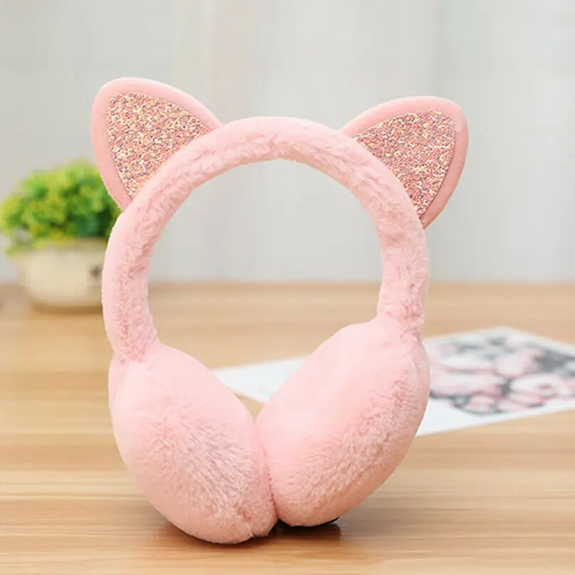 pink Модные женские зимние меховые ухо теплые наушники с кошачьими ушками, наушники с блестками, наушники с повязкой на голову, новинка - Цвет: pink