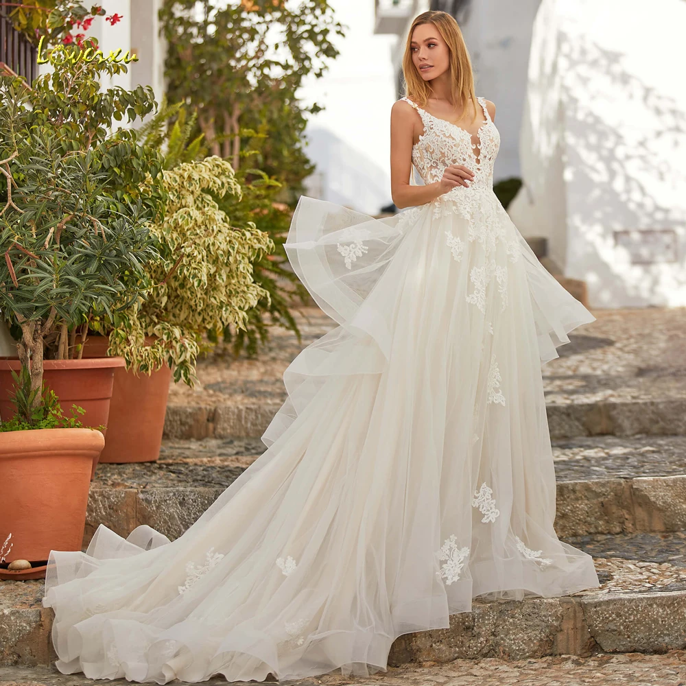 

Loverxu Sexy Backless Sweetheart Lace Ruffles Wedding Dresses 2022 Luxury Spaghetti Straps Appliques Tulle A Line Bridal Gown