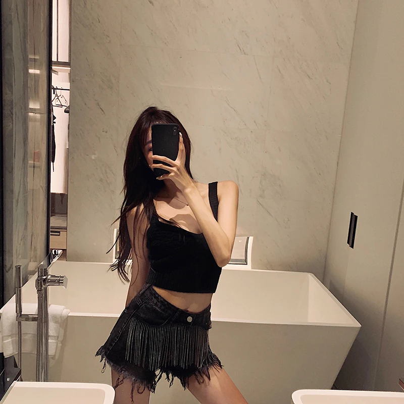 

Shorts Women High Waist Loose All-match Chic Simple Single Button Pockets Korean Style Daily Leisure Solid Ladies Womens Tassel