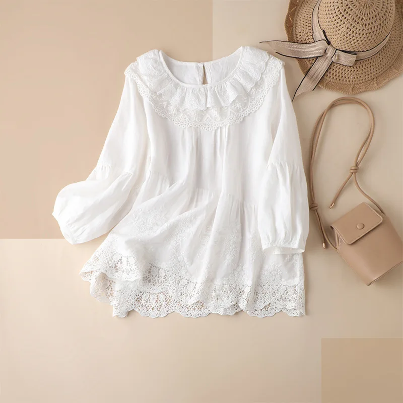 

Shuchan Princess Style Women Blouses Young Style Linen Cotton Solid Double-layer Three Quarter Lantern Sleeve 2021 Summer