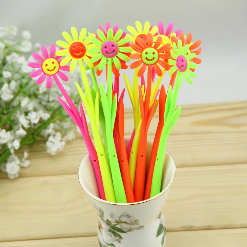 24 PCS Han Edition Creative Stationery Lovely Soft Silicone Smiling Sunflower Neutral Pen Lovely Soft Pen Shape