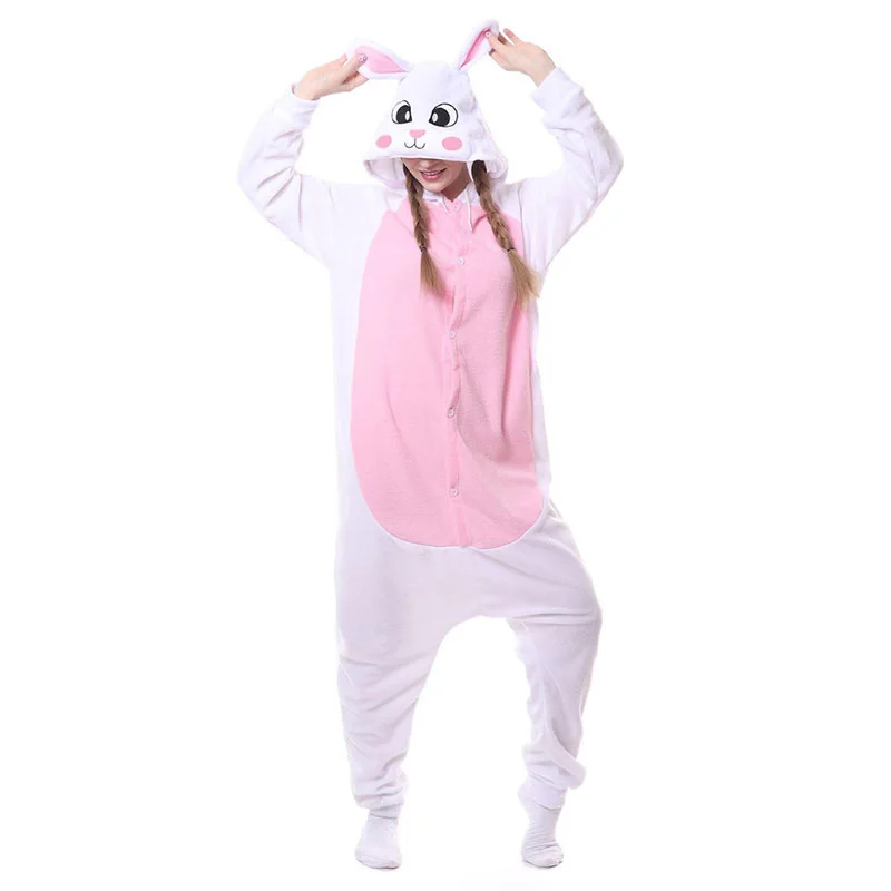 

6 Models Rabbits Onesie Cute Kigurumis Pink White Polar Fleece Animal Pajama Bunny Suit Carnival Holiday Outfit Winter Sleepwear