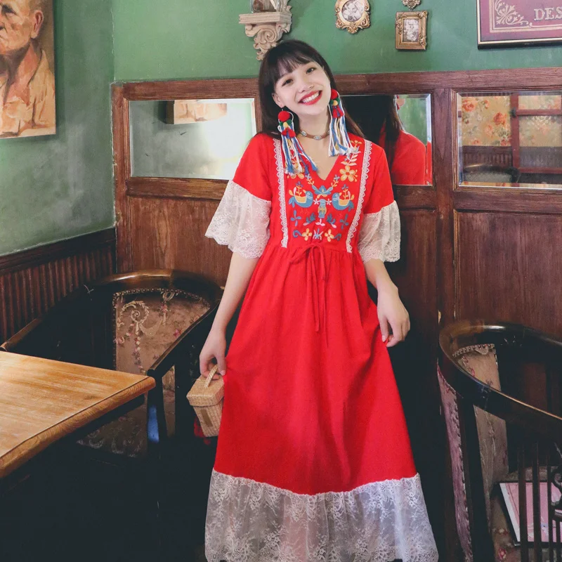 

Korejepo Women Dress 2021 Summer New Bohemian Style Sweet Retro Floral Embroidery Lace Stitching Cotton Linen Waist Dress Female