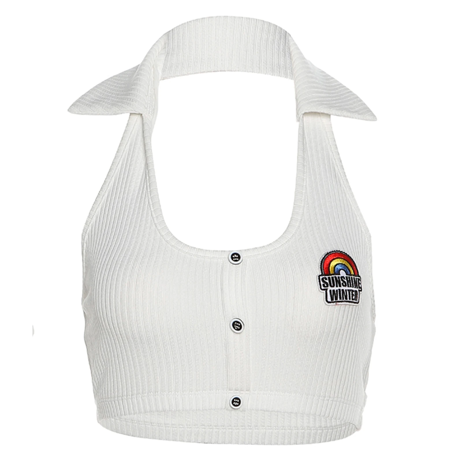 

Women Sexy Halter Crop Tops Knitted Sleeveless Button Front Camisoles Rainbow Letter Embroidery Skinny Clubwear Lapel Tank Tops