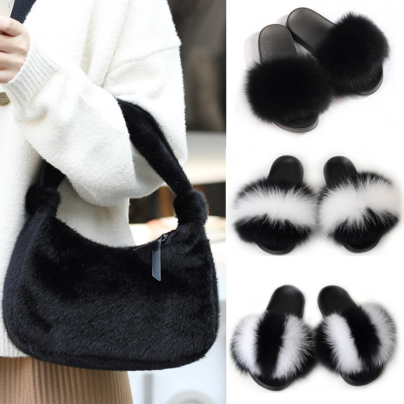 Тапки женские из натурального Лисьего меха пушистые плюшевые меховые сланцы