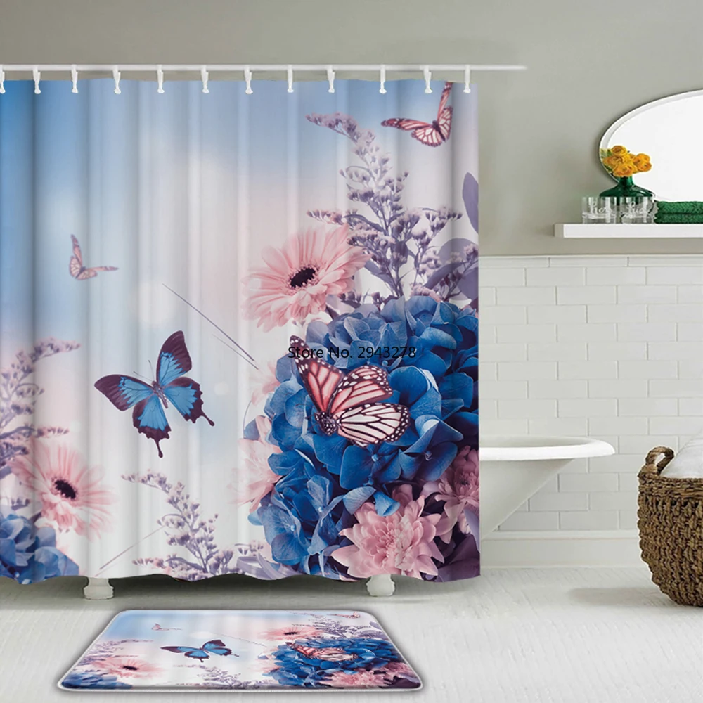

2Pcs/Set Butterfly Bathroom Shower Curtains Set Flowers With Hooks Waterproof Bath Curtains Non-slip Mat Toilet Decor Bath Mat
