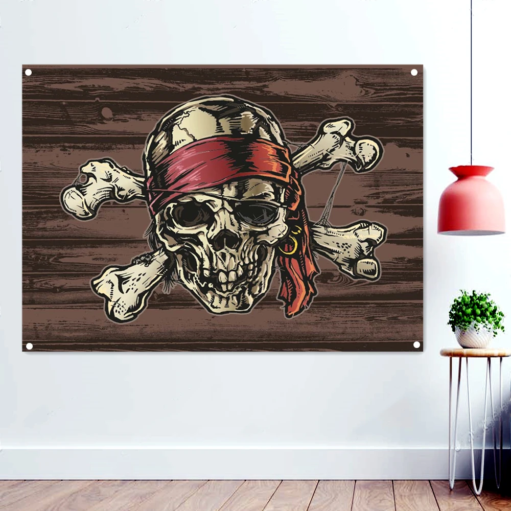 

Skull Banners Movie Poster Pirate Flags Wall Hanging Canvas Painting Home Decoration Wall Chart Tapestry With Four Metal Buckle