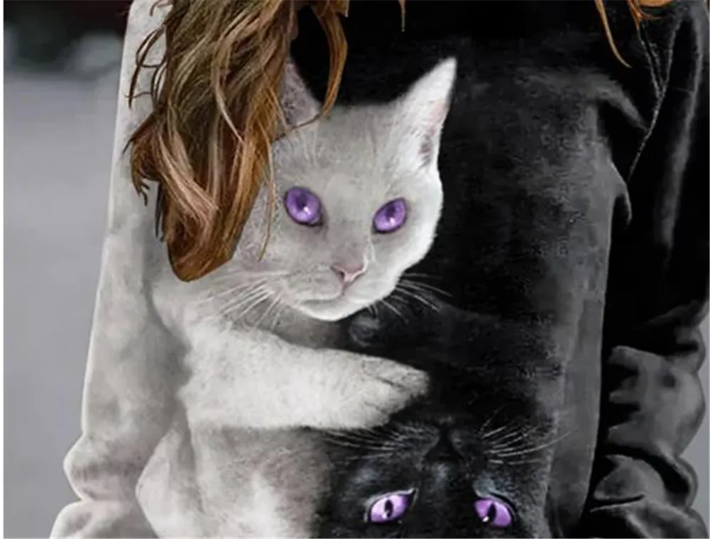 

Casual Sweatshirts Women Cat Printed Crew Neck Long Sleeve Hoodies Pullover Loose Spring Plus Size Clothes