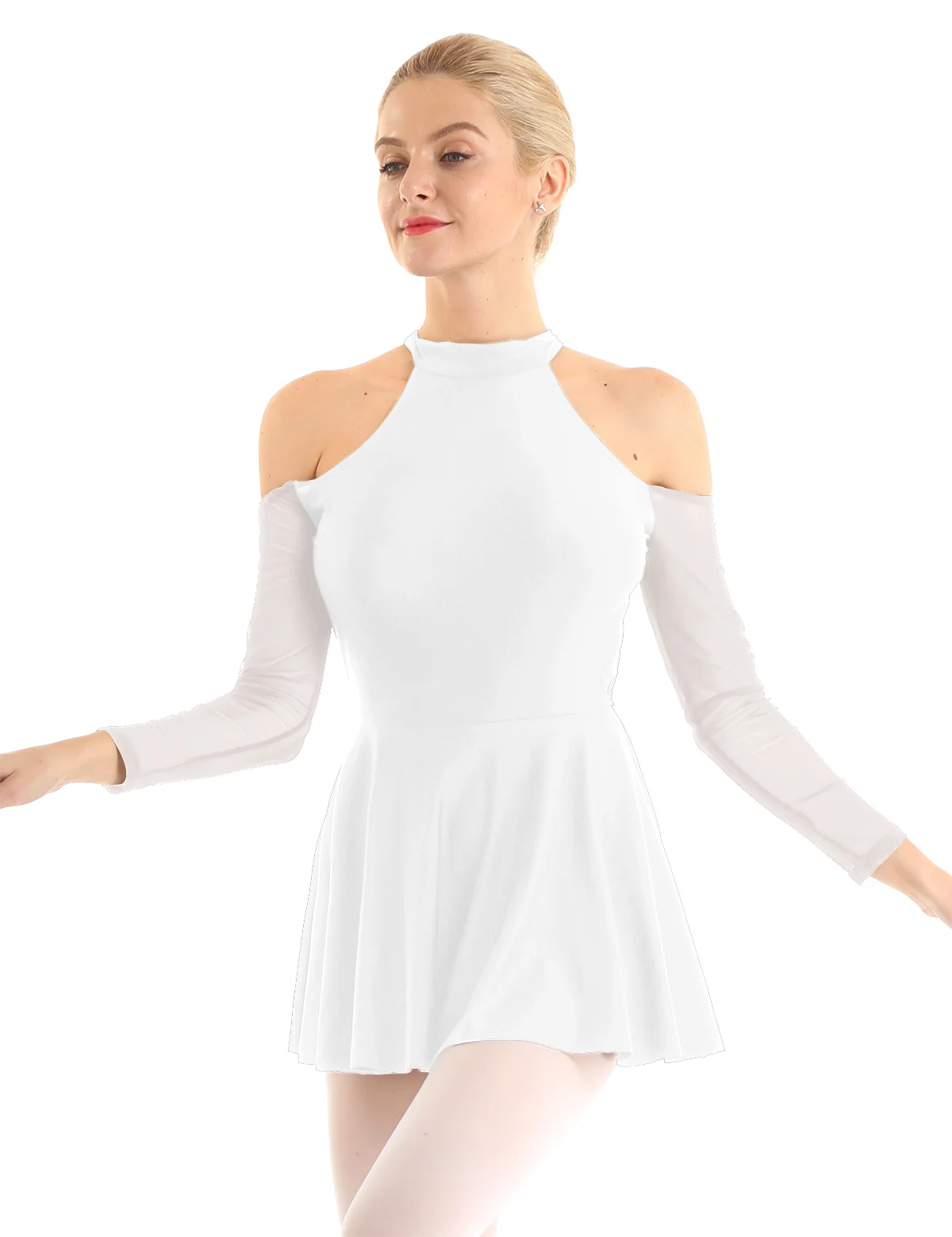 Для взрослых, с высоким воротом, с вырезами на плечах, с длинными рукавами, с сеткой, с соединением, балетные гимнастические леотарды, женское платье для фигурного катания на коньках, танцевальный костюм