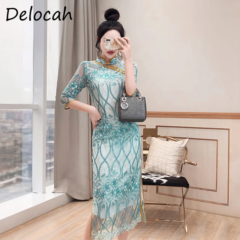 

Delocah новые 2021 осенние модные дизайнерские качественные женские вечерние миди платье 3/4 рукав великолепной вышивкой в китайском стиле Стиль ...
