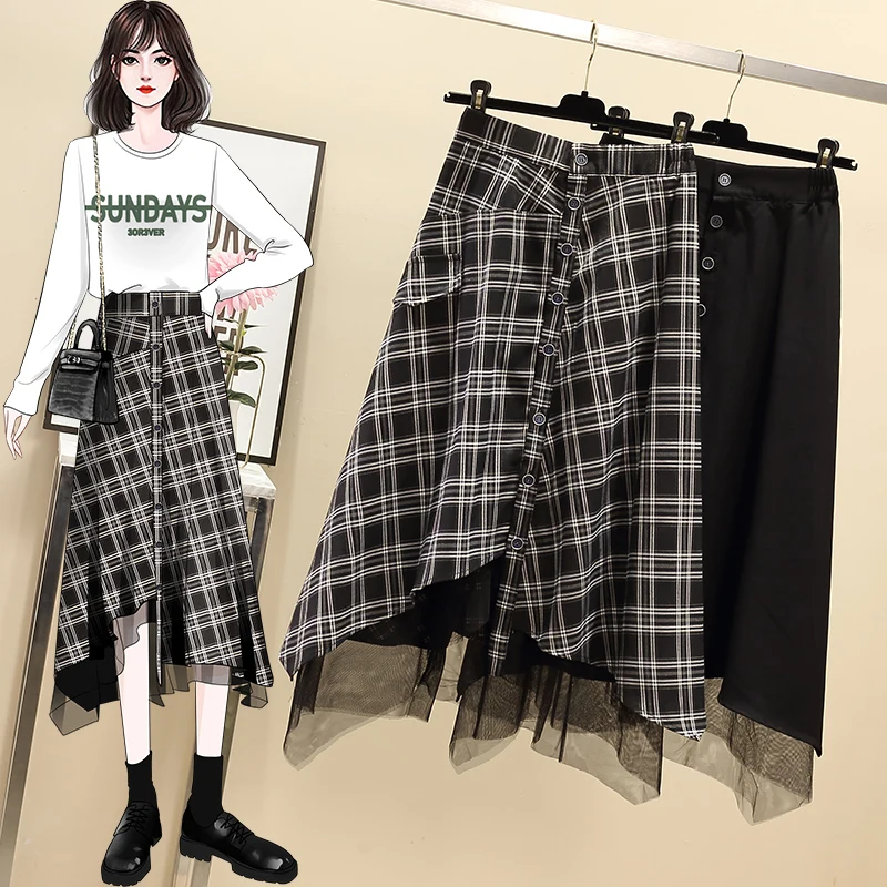 

2021Autumn New Plus Size High Waist Thin Irregular Skirt Simple Black Lattice Casual Women A-line Skirt Long Skirt Free Shipping