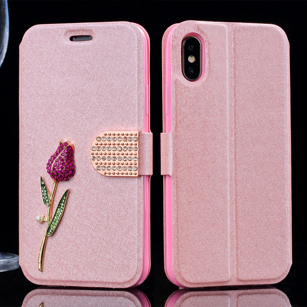 Кожаный чехол-книжка LAPOPNUT с блестящей розой для Iphone X Xs 8 7 Plus Магнитный