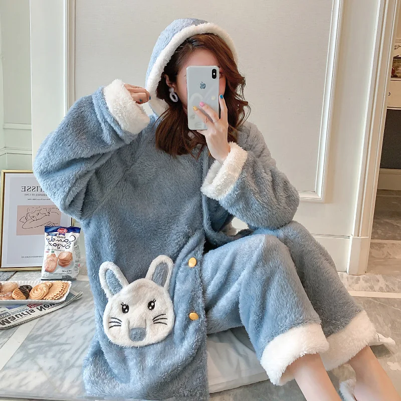 

Winter New Women's Pajamas Coral Fleece Nightgown Suit Thickened Warmth Flannel Can Be Worn Outside Home Clothes Women Pajamas