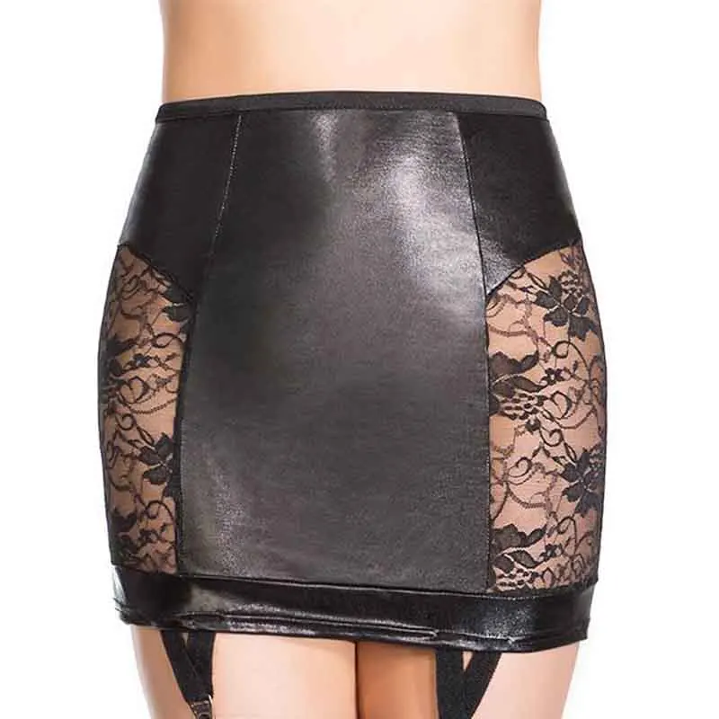 Модная женская виниловая кожаная юбка на подтяжках с цветочной кружевной