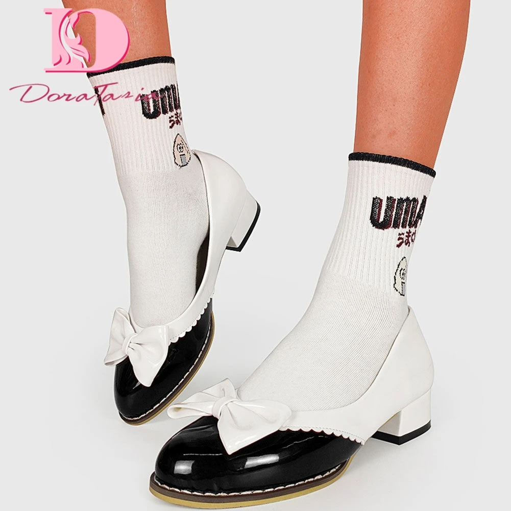 

DORATASIA New Fashion Ladies Sweet Cute PumPs Round Toe Chunky Heels Bowknot Pumps Women Casual Concise Elegant Shoes Woman