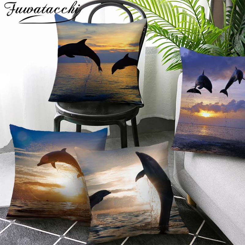 

Fuwatacchi Dolphin Printed Cushion Cover Sea Sunset Home Art Decorative Throw Pillow Case Polyester Peachskin Cushion Covers New